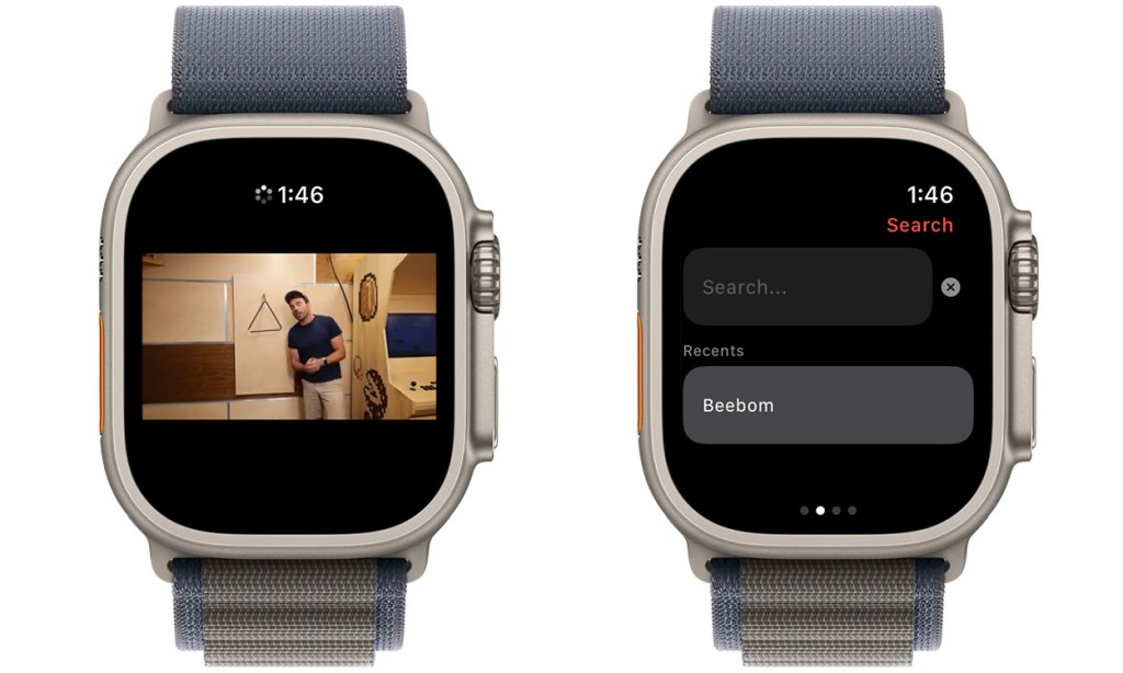 Screenshot of the WatchTube app on Apple Watch showing a YouTube video playing and the Search bar