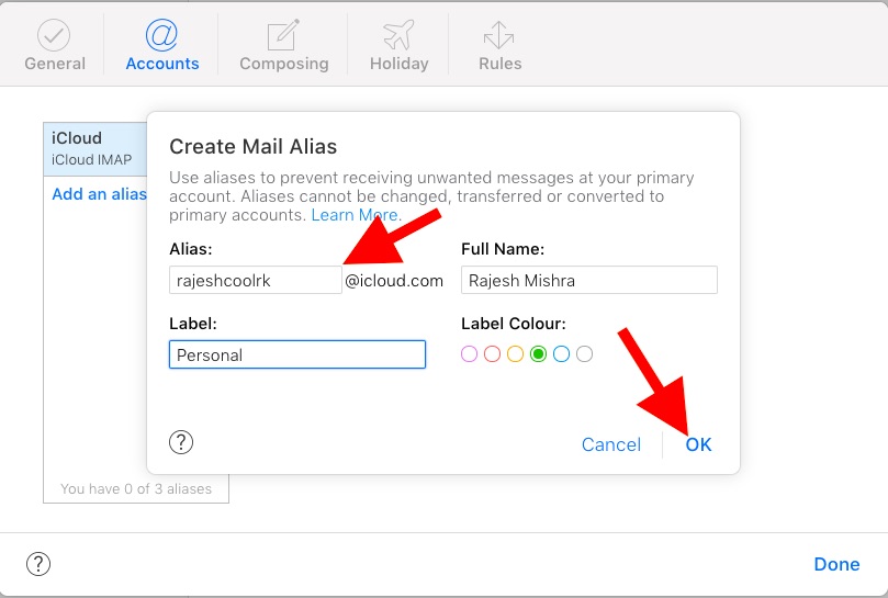Create iCloud Mail alias