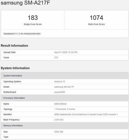 Possible Galaxy A21s Spotted on Geekbench With Exynos 850 SoC, 3GB RAM
