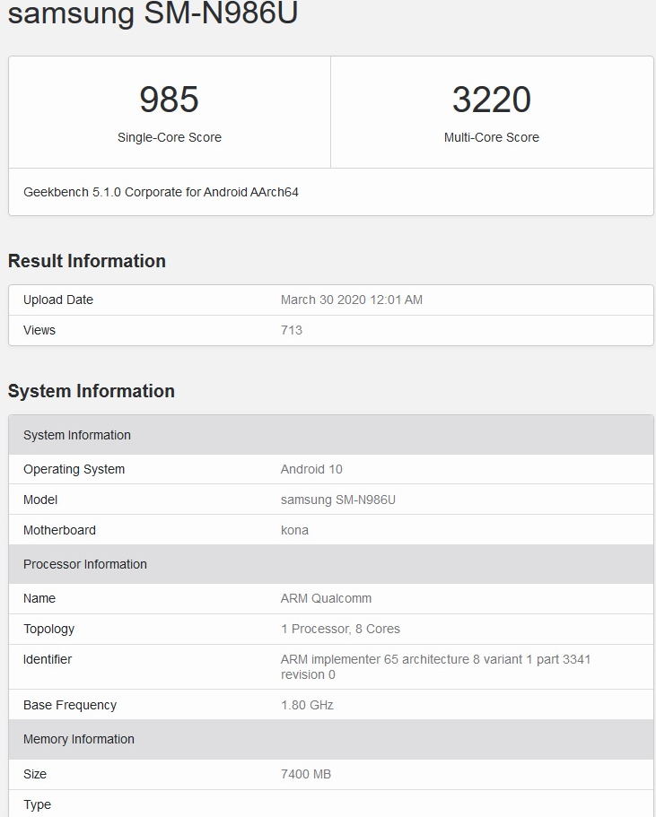 Galaxy Note 20+ Pops Up on Geekbench with Snapdragon 865+ SoC