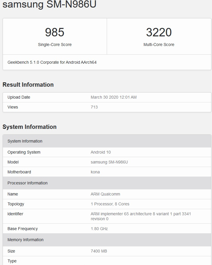 Galaxy Note 20+ متفرجين على Geekbench مع Snapdragon 865+ SoC 1