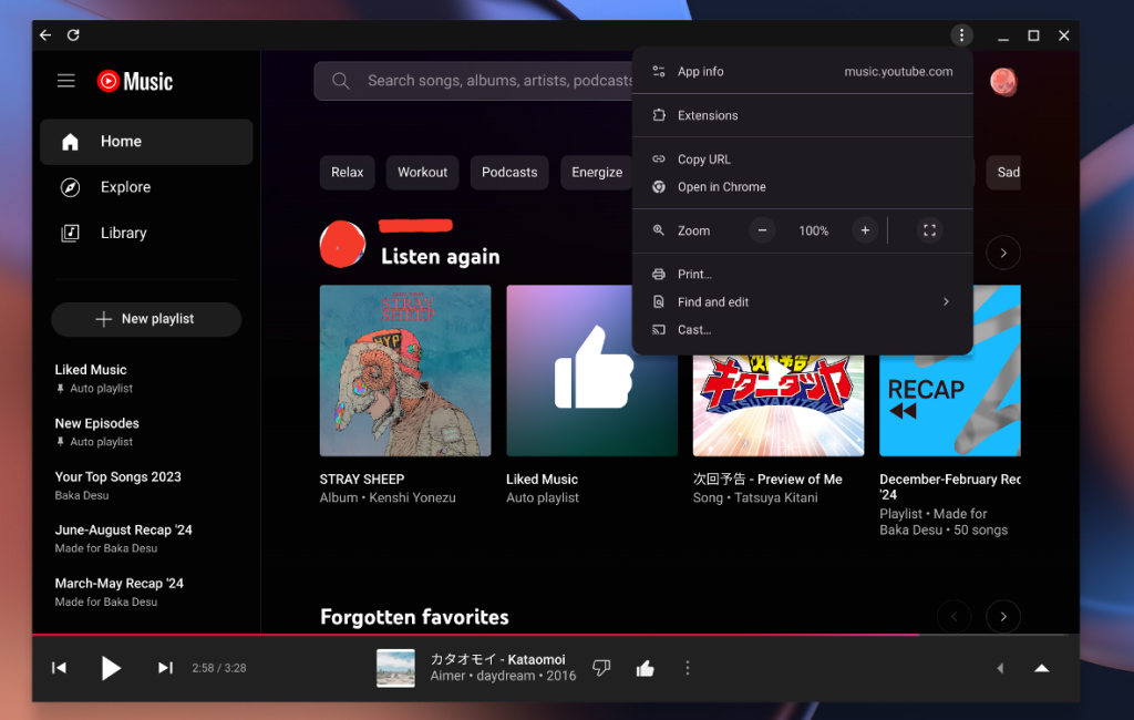 screen showing YouTube Music app open on a Chromebook laptop