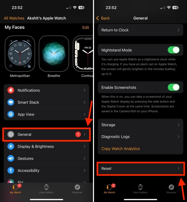 Reset Option in Watch app on iPhone