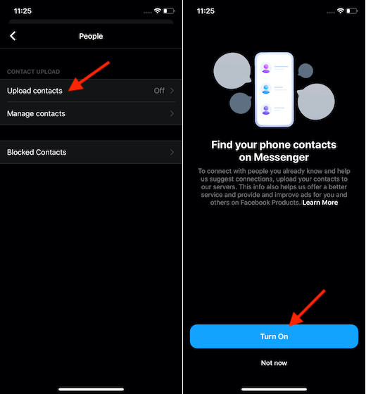 Upload contacts on Messenger