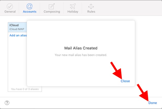 iCloud mail alias created