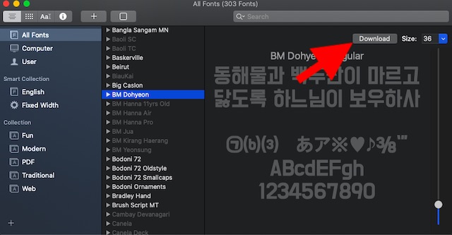 Download a newly added font in macOS Catalina