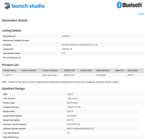 New OnePlus TV and Remote Receive Bluetooth Certification