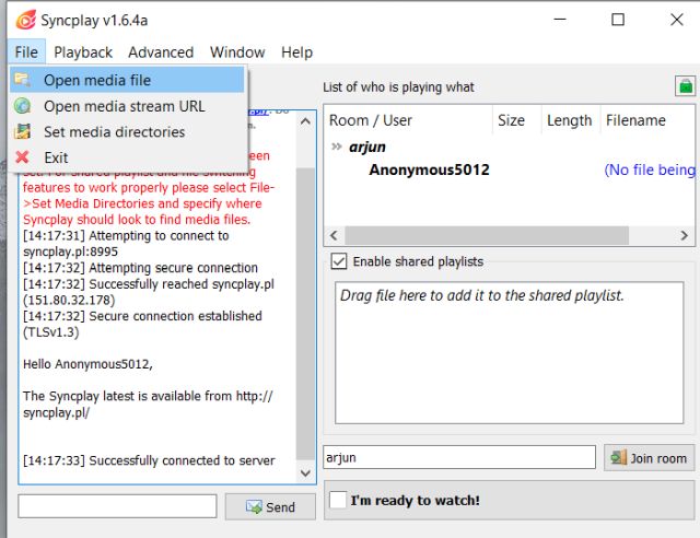 Opening a media file on Syncplay