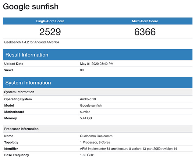 pixel 4a geekbench listing