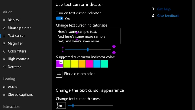 windows 10 text cursor indicator