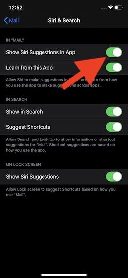 Make sure to show the switch for Show Siri suggestions in Mail app