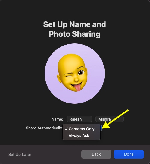 Select how you want to share your name and photo