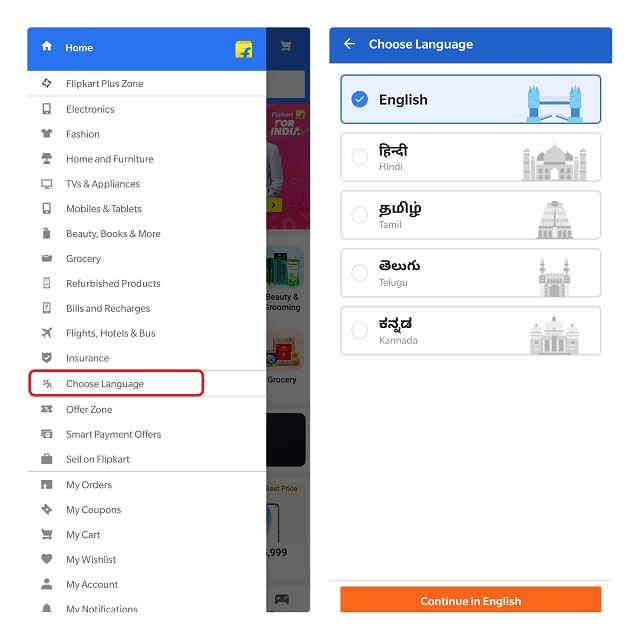 flipkart app language selection