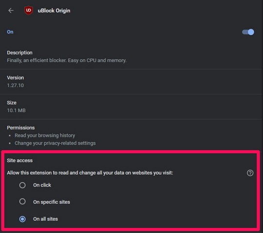 uBlock origin permissions 1
