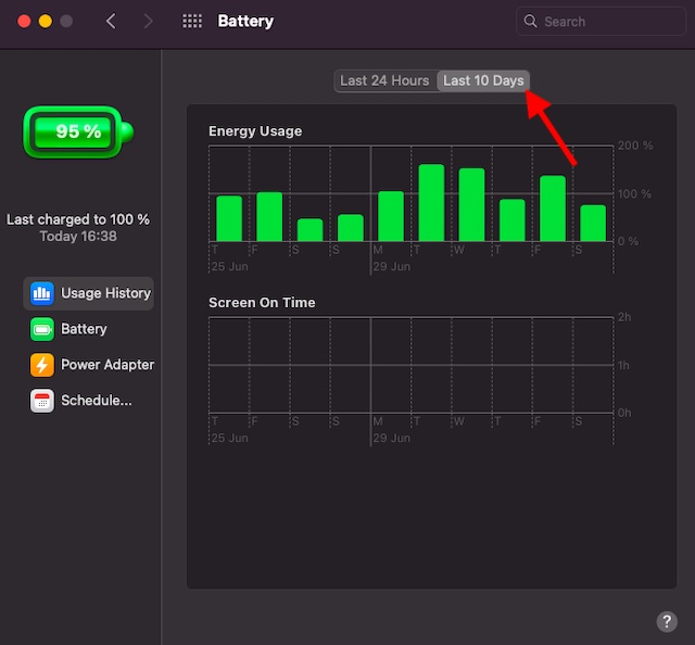 Check battery usage history in last 10 days