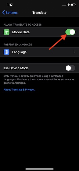 Enable:Disable Mobile data for Translate