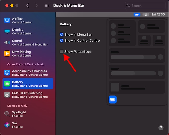 Hide battery percentage in macOS Big Sur