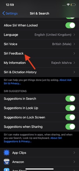 Tap on Siri Feedback