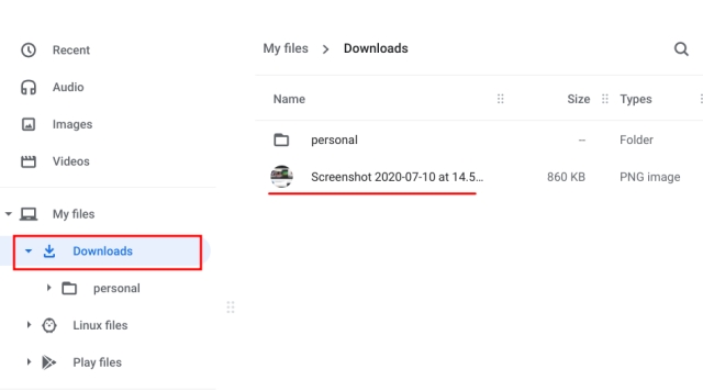 Downloads folder on Chromebook to check captured screenshots