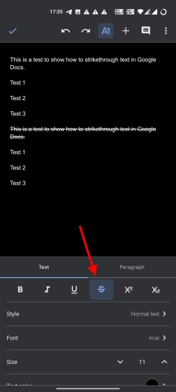 strikethrough text in Google Docs app on Android