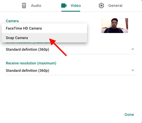 How to use snap camera on google meet