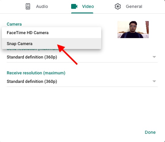 no snap camera option in google meet