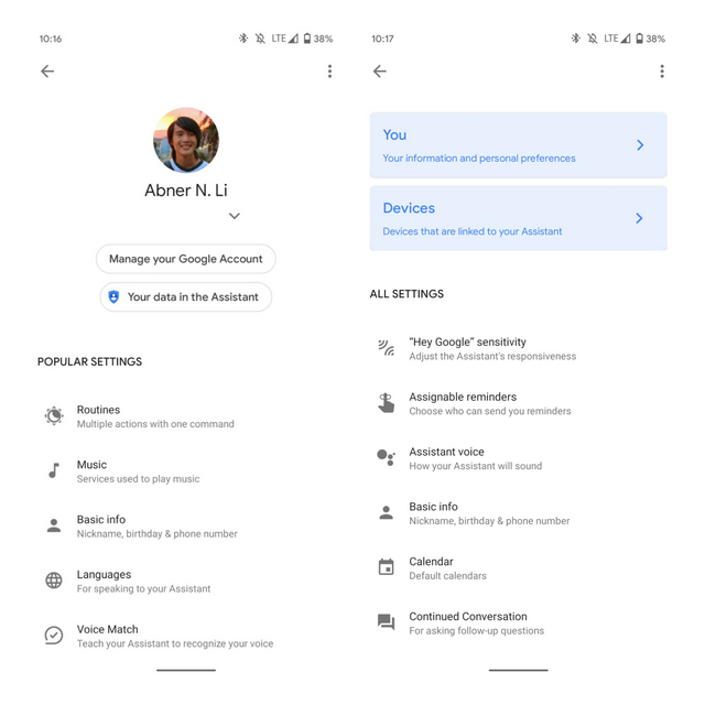 google assistant settings