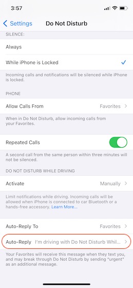 2. Set Do Not Disturb Auto-Reply Message on iPhone