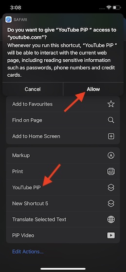 Choose YouTube PiP mode shortcut