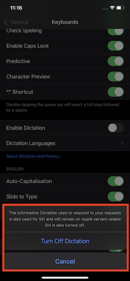 Show:hide dictation on iPhone and iPad