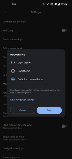 google maps dark mode setting