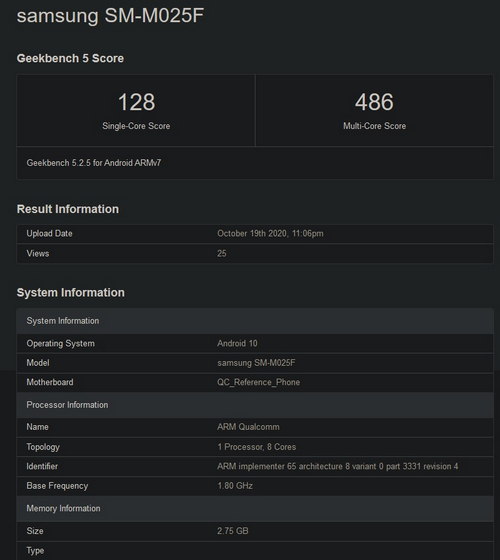 Entry Level Samsung Galaxy M02 With Qualcomm SoC Listed on Geekbench - 82