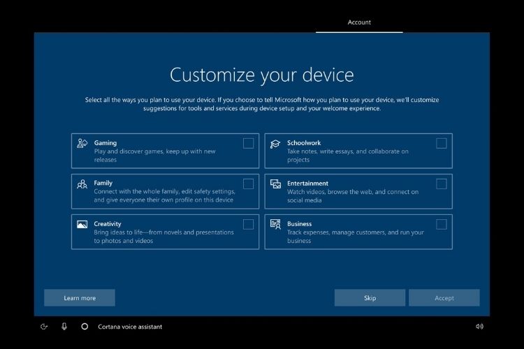 New Windows 10 Setup Screen Asks If You Use the PC for Work, School or Gaming