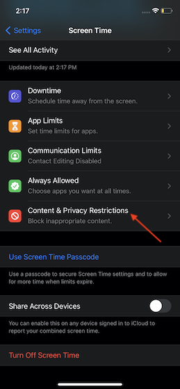 Tap on Content and privacy restrictions