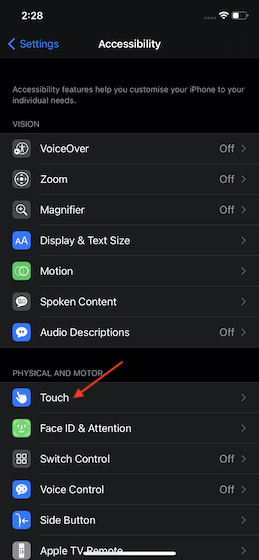 Tap on Touch option