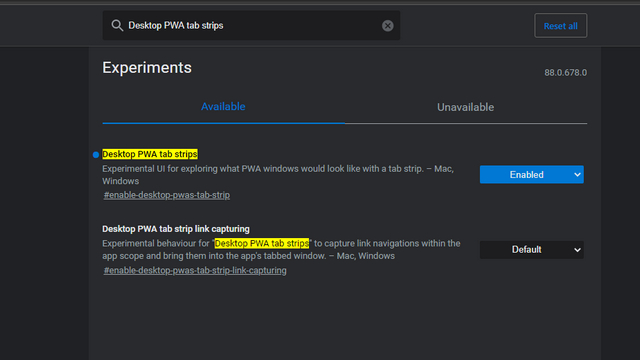 enable desktop pwa tab strip edge