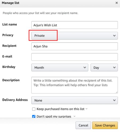 Amazon wish list address privacy