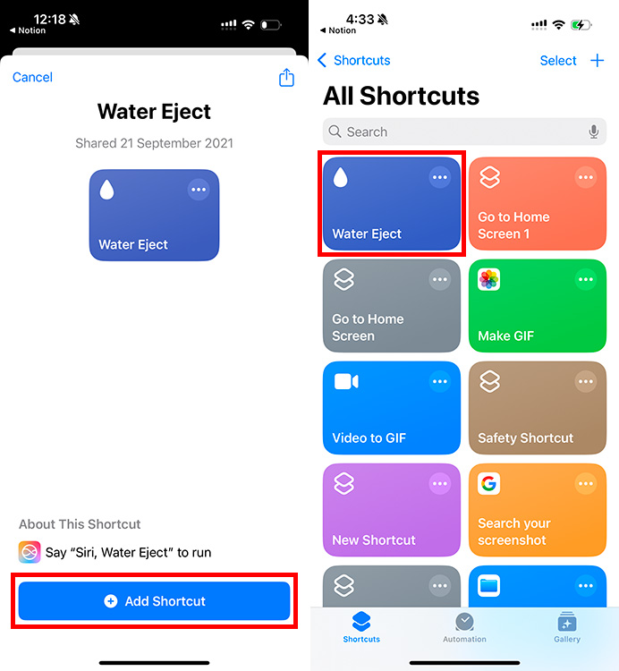 Adding the Water Eject Siri Shortcut to iPhone