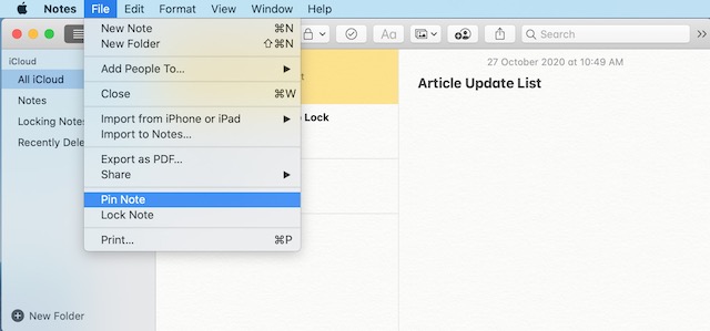 Pin Note in Apple Notes using File Menu