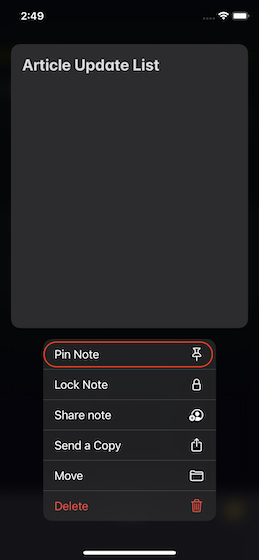 Pin Note using haptic touch on iPhone