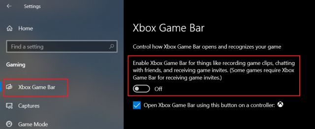 Disable Xbox Game Bar on Windows 10