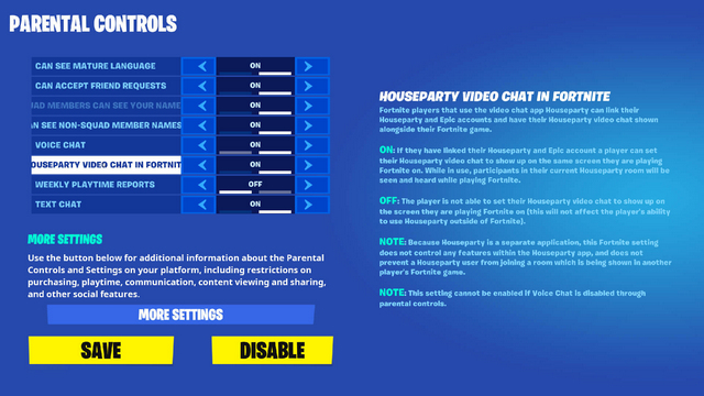 fortnite houseparty video chat parental controls