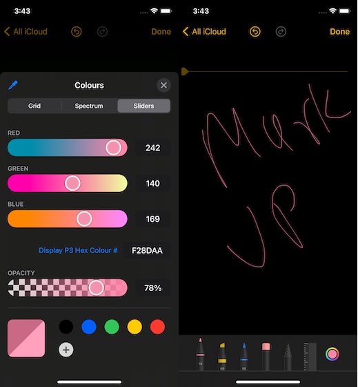 using markup color tools in Notes app