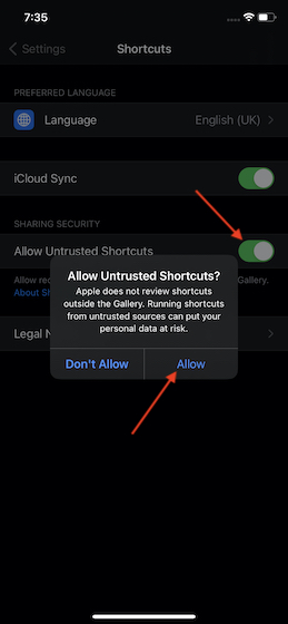 Allow Untrusted Shortcuts