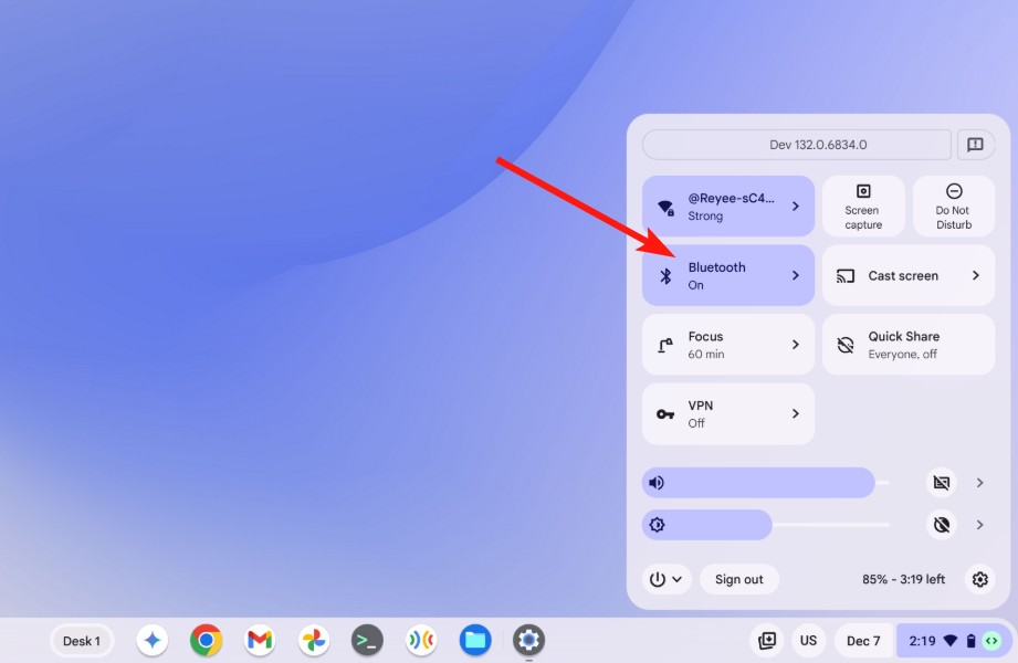 ChromeOS quick settings with Bluetooth tile