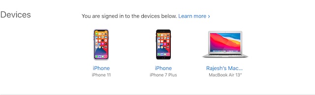 Check devices linked with Apple ID on web