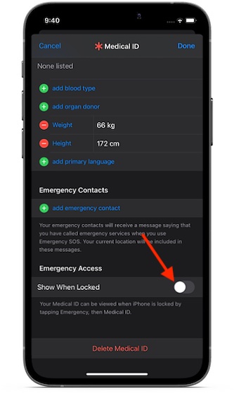 Ocultar su identificación médica de la pantalla de bloqueo en iPhone