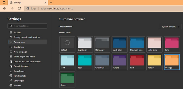 Microsoft Edge con selector de temas de color