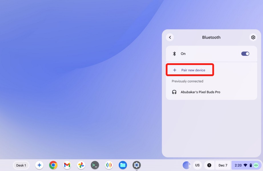 ChromeOS Bluetooth menu