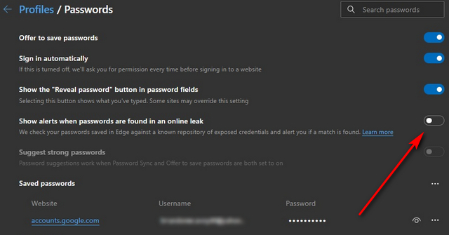 get password breach alerts on Microsoft Edge